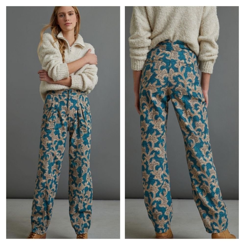 Anthropologie Teal Paisley Wide-Leg Pants
